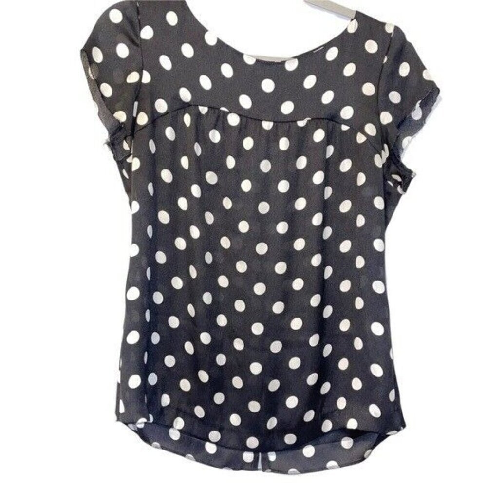 Zara Woman Black White Dot Cap Sleeve Raw Cuff Blouse Women's Size M Medium